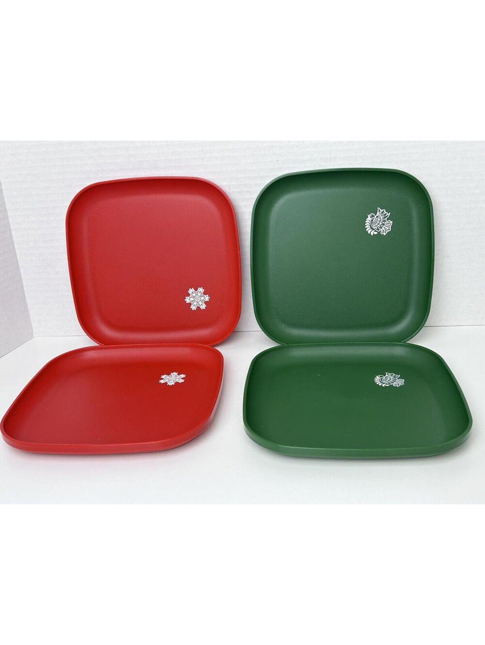 Vintage Lot of 4 Tupperware 1534 Christmas Holiday Plates Trays Red & Green 8”